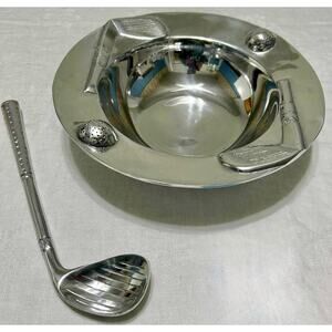 Vintage Pewter Golf Bowl w/ Golf Club Spoon Mexico 12" Decorative Sports Gift